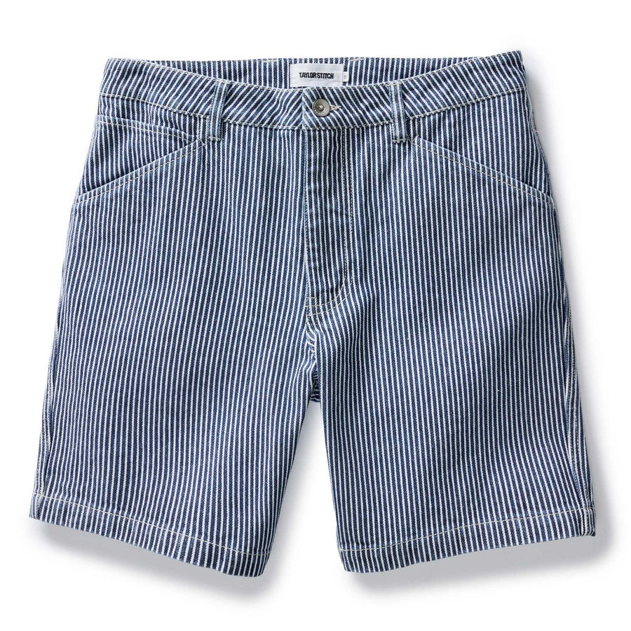 The Camp Short in Indigo Railroad Stripe Denim
