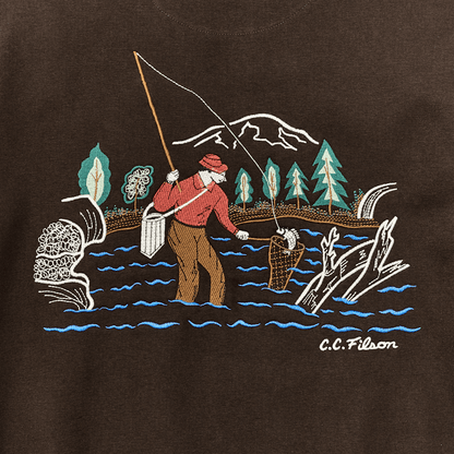 Prospector Embroidered Hoodie Fishing in Dark Brown