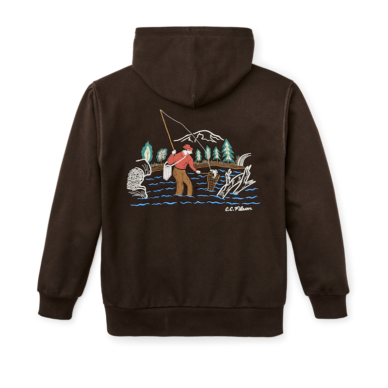 Prospector Embroidered Hoodie Fishing in Dark Brown