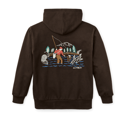 Prospector Embroidered Hoodie Fishing in Dark Brown