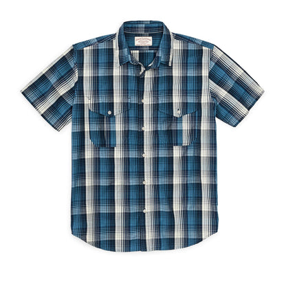 Washed Short Sleeve Feather Cloth Shirt in Blue/White Plaid