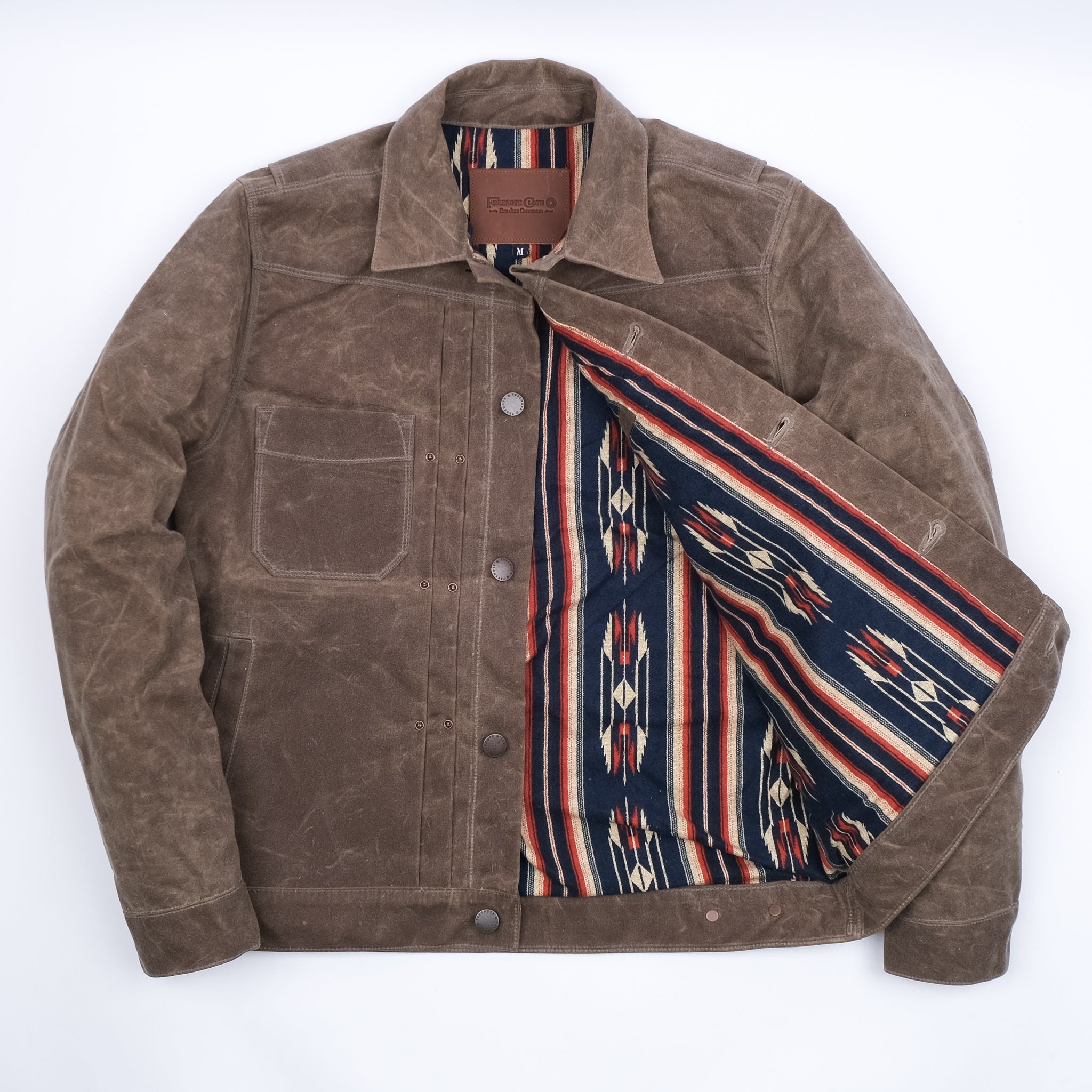 riders jacket heavy waxed canvas tobacco wool Freenote RJ-1 Made in USA Large Sewn in USA Duncan is 510 150lns wearing a M Waxed Riders Jacket in Oak